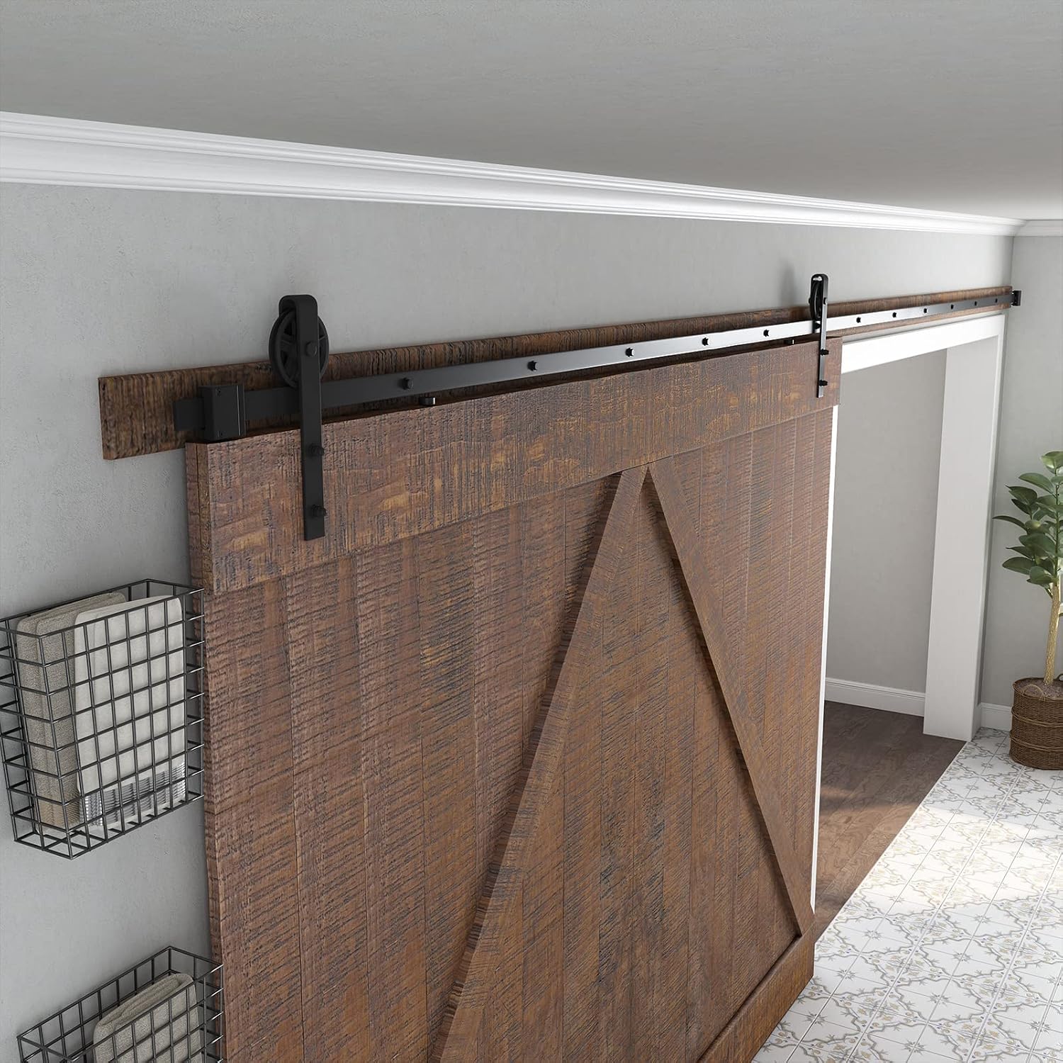 SMARTSTANDARD 18 Feet Heavy Duty Sliding Barn Door Hardware Kit, 4FT - 18FT, Black, Smoothly and Quietly, Simple and Easy to Install, Fit 108' Wide DoorPanel (Industrial Bigwheel Hangers)