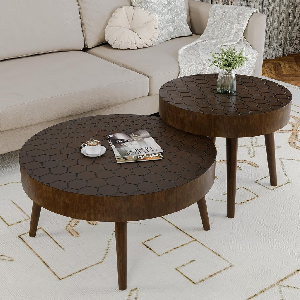 HOMPUS Round Coffee Table, 31.5'' Mid Century Modern Coffee Table Set w Honeycomb Pattern Tabletop, Coffee Table and End Table Set of 2 for Living Room, Easy to Assemble, Brown