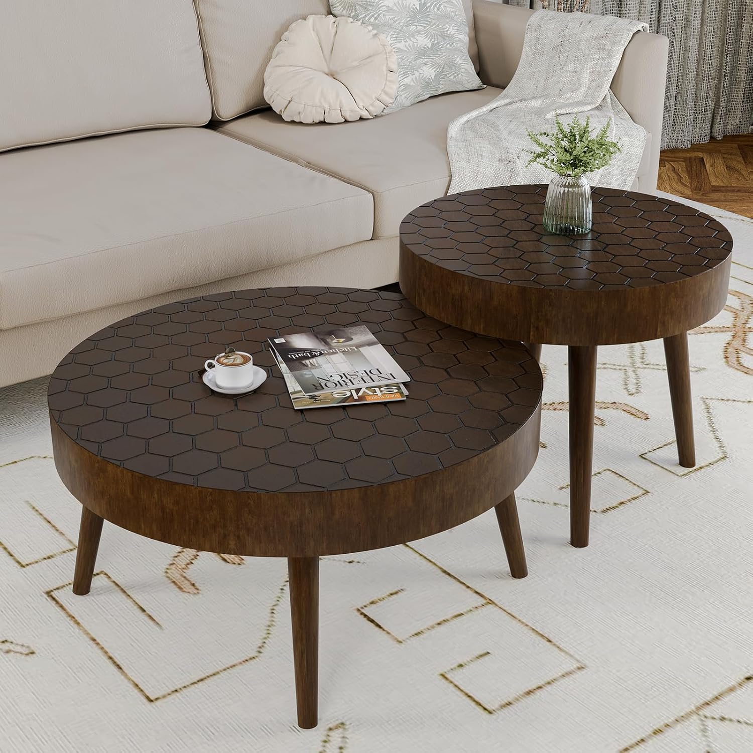 HOMPUS Round Coffee Table, 31.5'' Mid Century Modern Coffee Table Set w Honeycomb Pattern Tabletop, Coffee Table and End Table Set of 2 for Living Room, Easy to Assemble, Brown
