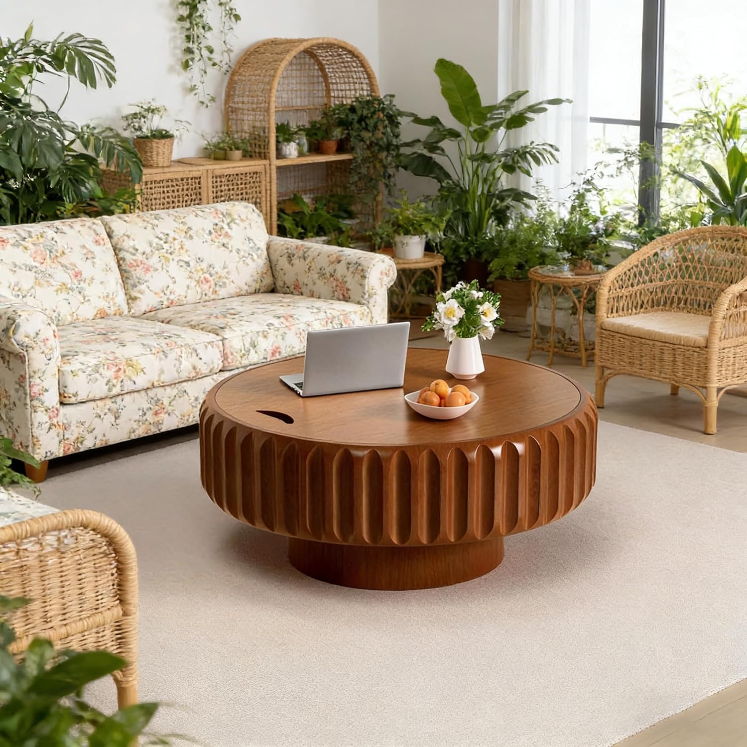 Round Wood Fluted Coffee Table with Storage, 31' Round Fluted Coffee Table with Flip-Top Lid Mid Century Modern Low Circle Drum Coffee Tables for Living Room (Brown, 31 inch)