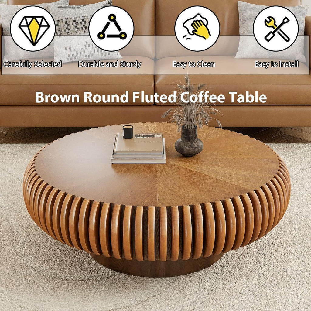 Modern Wood Round Fluted Coffee Table, Unique Brown Circular Drum Coffee Tables Mid Century Modern Handcrafted Circle Fluted Center Table for Small Space Living Room Reception Room, Apartment