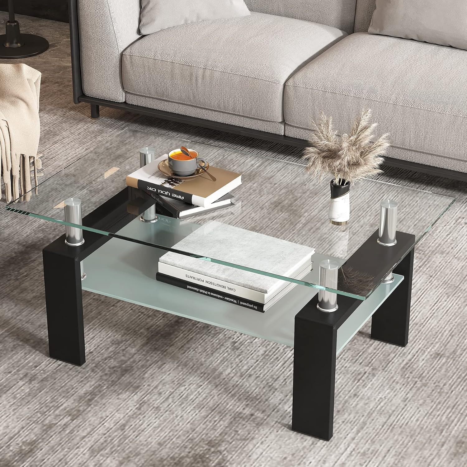 Glass Coffee Table Set of 3, 3-Piece Living Room Tables with Tempered Glass and Metal Frame, Coffee and End Table Sets, Clear
