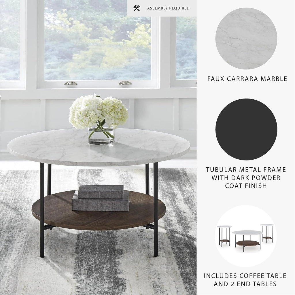 Signature Design by Ashley Wrenwich Contemporary Faux Marble Table with Shelf, Set of 3, Dark Brown & White