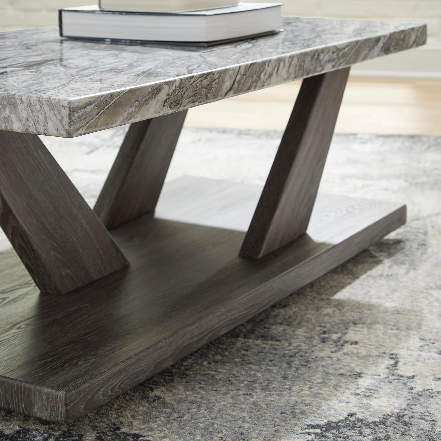 Signature Design by Ashley Bensonale Contemporary Occasional Table Set with Faux Marble Top and Casters, Set of 3, Gray & Dark Brown