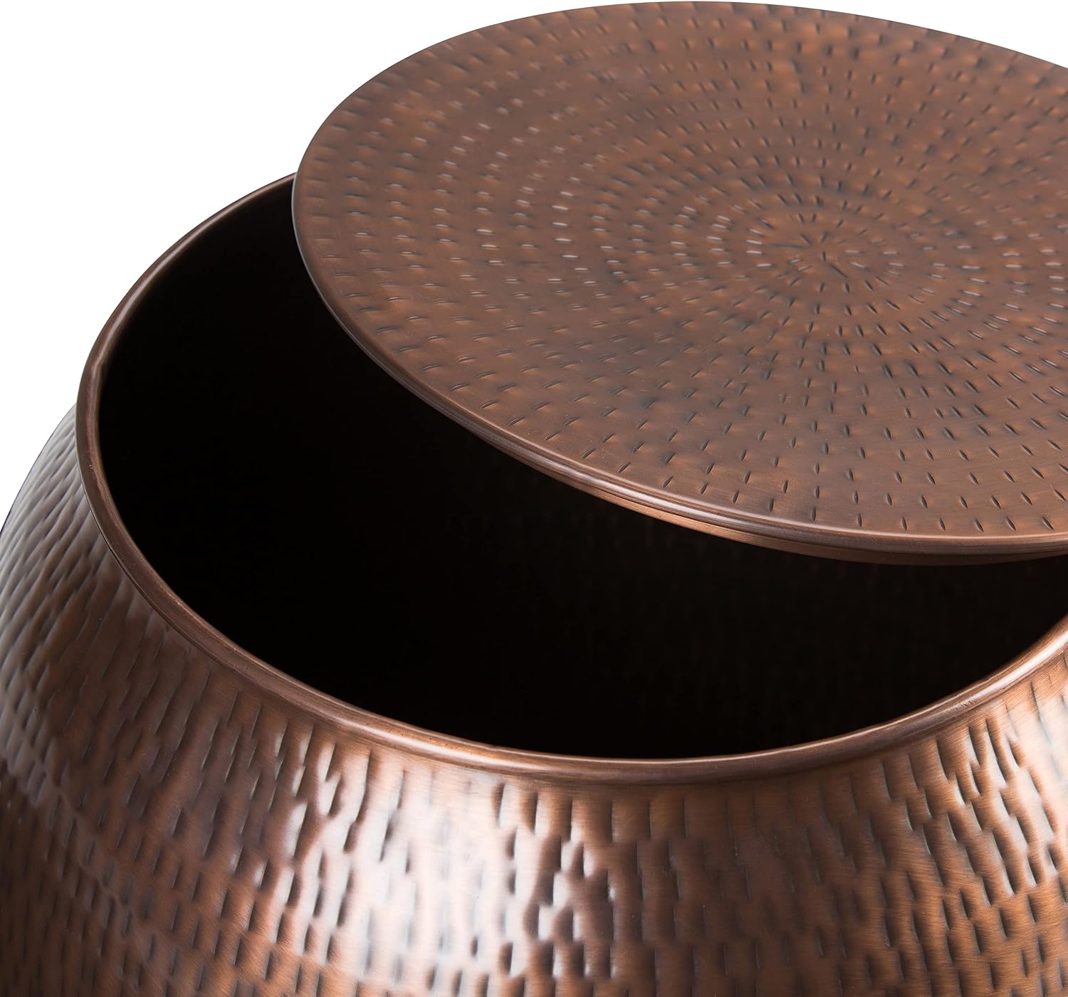SIMPLIHOME Griffen Metal Storage Accent Table - 19 inch Wide Solid Metal Round Drum Side Table in Antique Copper, Industrial End Table for Living Room with Hidden Storage Space, Assembled