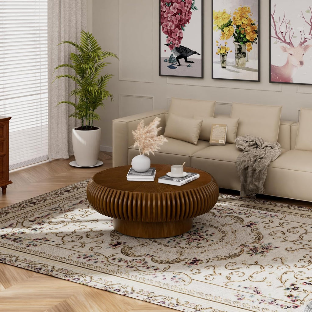 31.5' Round Drum Coffee Table, Modern Fluted Coffee Tables with Solid Wood Veneer, Wooden Circle Center Table for Living Room, Small Spaces, and Apartments, Easy Assembly