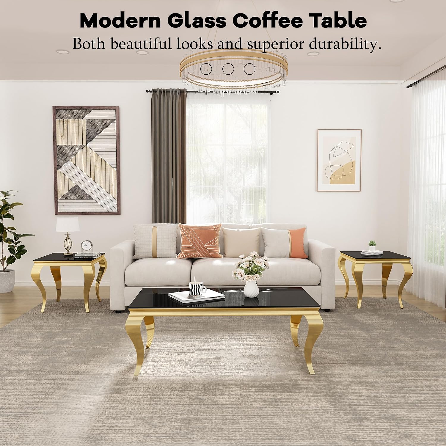 46.8 Inch Glass Coffee Table, Modern Rectangular Center Table with Black Tempered Glass Top and Gold Stainless Steel Legs, for Living Room, Apartment, Home Office