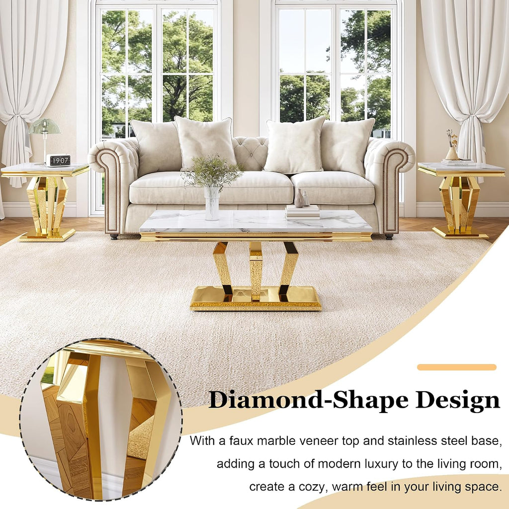 Living Room Coffee Table Set of 3, Modern Marble Coffee Table and 2 End Side Tables, 3-Piece Living Room Table Set with Stainless Steel Base for Living Room (Gold,White)