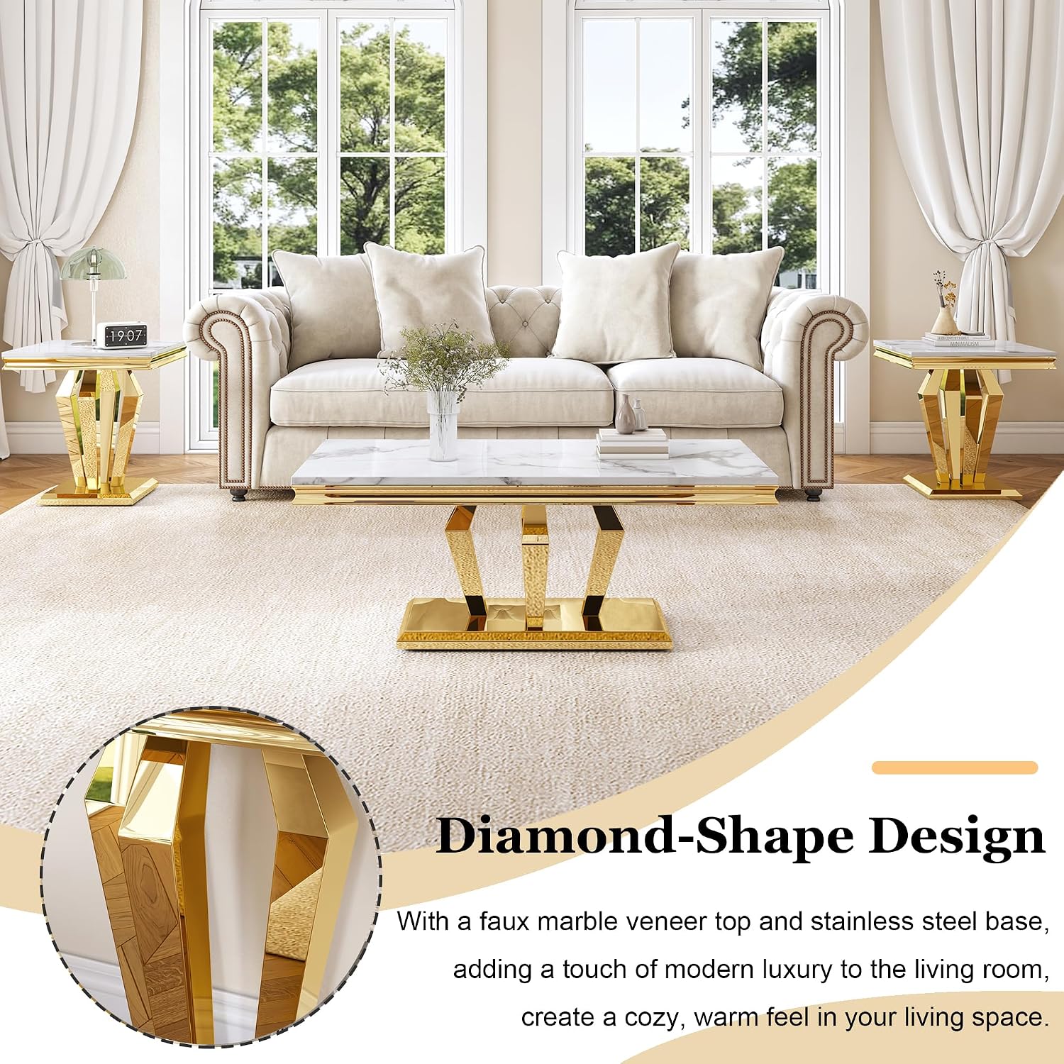 Living Room Coffee Table Set of 3, Modern Marble Coffee Table and 2 End Side Tables, 3-Piece Living Room Table Set with Stainless Steel Base for Living Room (Gold,White)