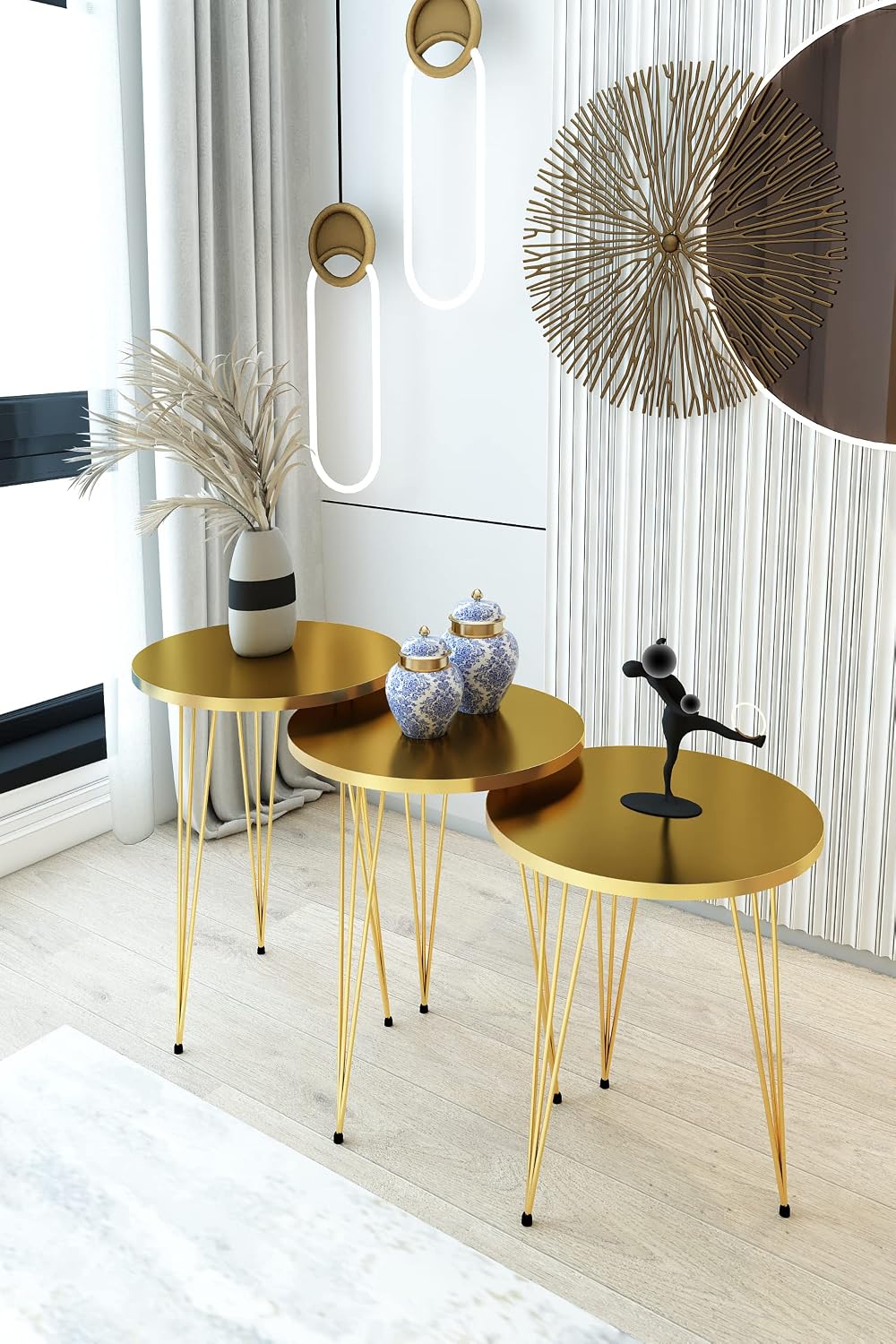Set of 3 High Gloss Gold Nesting End Tables Round Wood Stacking Coffee Side Accent Table with Metal Legs for Living Room, Home Office, Nightstands for Bedroom