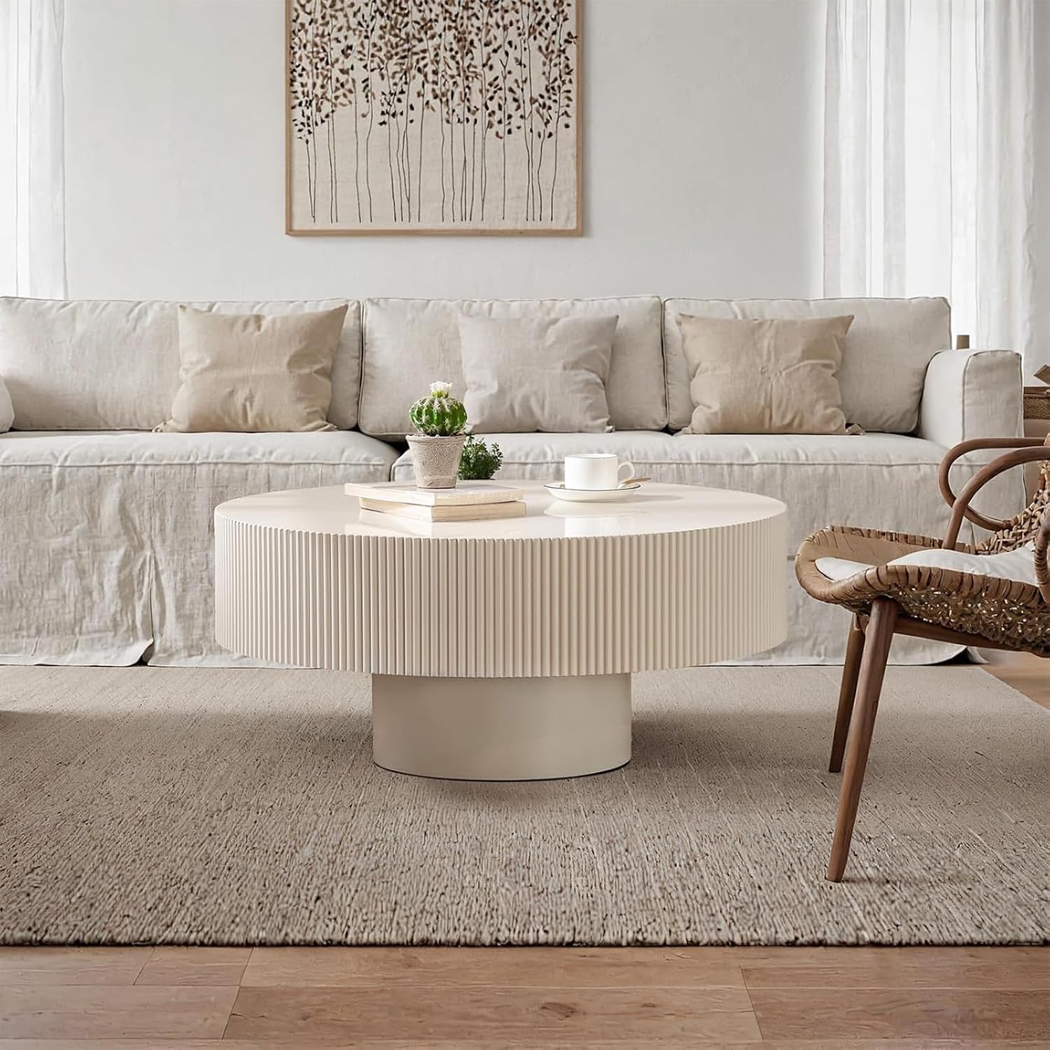 Round Fluted Coffee Table Round Drum Coffee Table for Living Room Modern Circular Pedestal Center Table (Circle Ivory White 30.9in)