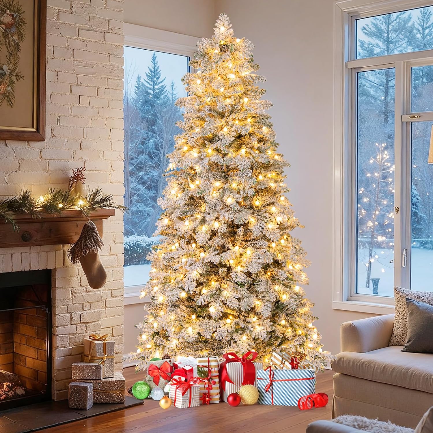 GOFLAME 7FT Pre-lit Artificial Christmas Tree, Snow Flocked Hinged Xmas Tree with 160 Ball Lights, LED Lights, 806 Branch Tips, 8 Lighting Modes and Metal Stand, Holiday Decoration Tree for Home Party