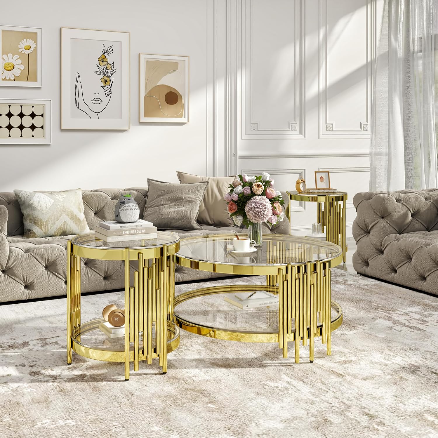 Round Glass Coffee Table Set of 2, Gold and Clear Modern Living Room Table Set, Includes 1 Coffee Table & 1 End Tables, Stainless Steel Base Tempered Glass Top, Luxury Furniture for Home Office