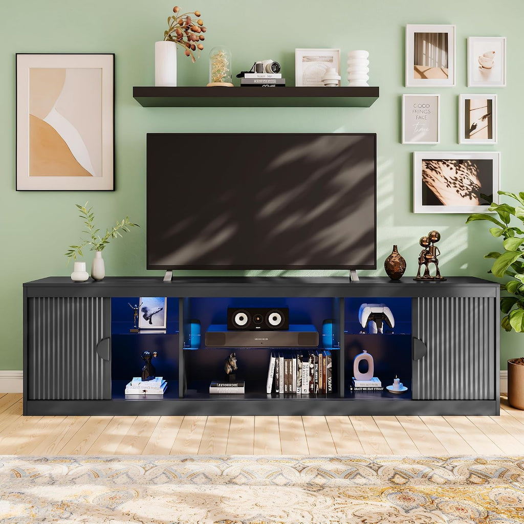 LGHM 70'' Black TV Stand with Lighting, Stylish Modern Entertainment Center with Slip Doors for TVs Up to 80', Media Console for Living Room
