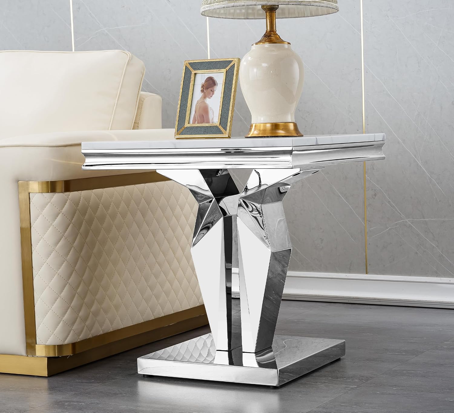 Henf 3 Piece Living Room Table Set, Faux Marble Coffee & Console & End Tables, Luxury White Gold Coffee Table Set of 3 with Mirrored Stainless Steel Base for Living Room Apartment