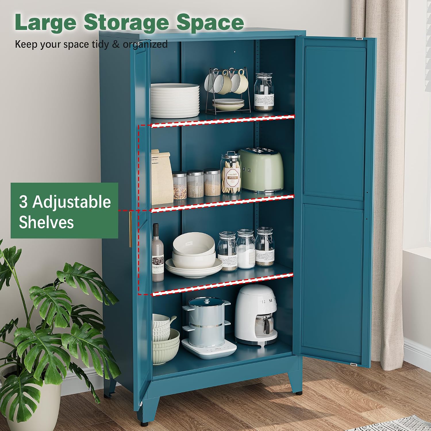 Bevivog Bathroom Storage Cabinet Freestanding, 61' Tall Metal Cabinets with Doors and Shelves, Blue Metal Pantry Cabinet for Kitchen, Living Room, Home Office