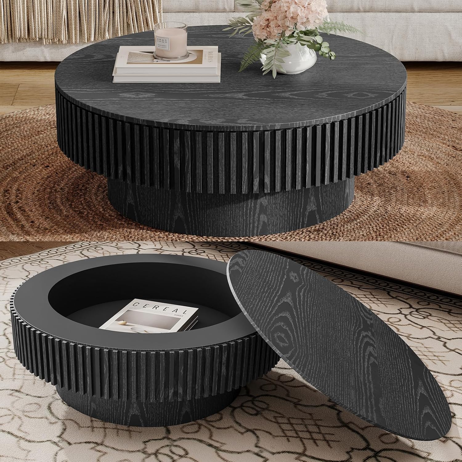 31.5' Round Coffee Table with Hidden Storage Compartment, Modern Handcraft Fluted Drum Coffee Table, Wooden Circle Center Table Cocktail Tea Table with Sturdy Pedestal for Living Room, Black