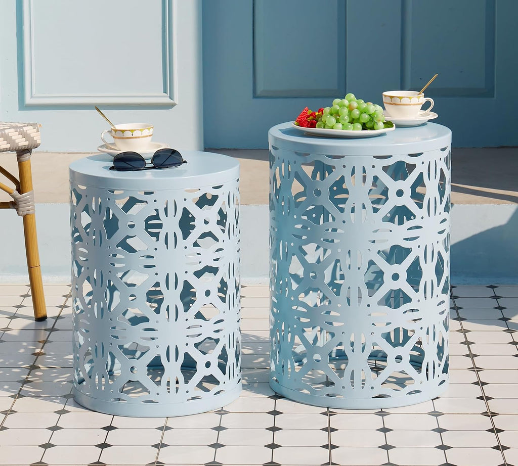HFHOME Set of 3 Metal Outdoor Side Table, Nesting Round Coffee Table for Indoor Outdoor, Heavy Duty End Tables Plant Stand Living Room Garden Stool - Blue