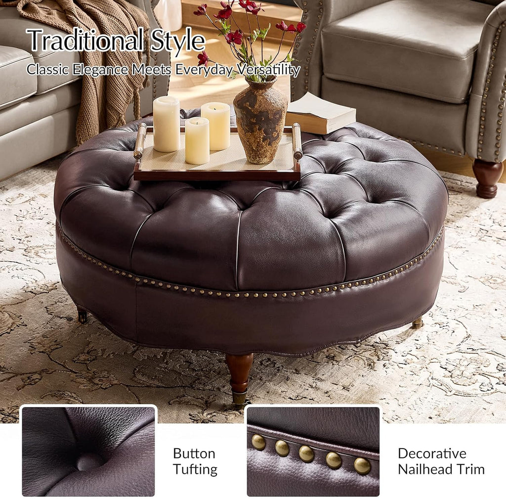 HULALA HOME 40' Genuine Leather Coffee Table, Large Round Button Tufted Coffee Table with Rolling Wheels, Solid Wood Legs, Nailhead Trim, Upholstered Ottoman Seating for Living Room, Espresso