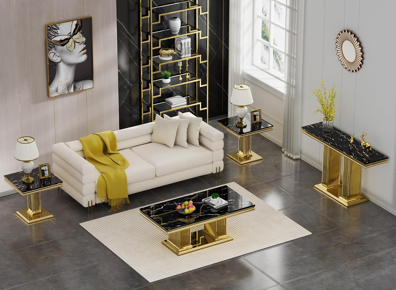 4 Pieces Coffee Table Set, Faux Marble Living Room Table Set of 4, Modern Coffee Table, Console Table and 2 End Tables with Column-Shaped Stainless Steel Base for Living Room Office (Black Gold)