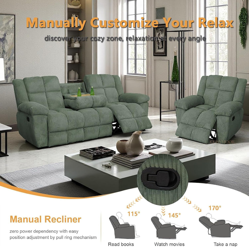 Corduroy Living Room Furniture Sets, Manual Reclining Corduroy Sofa and Chair Set with Drop-Down Table, Recliner Couch Sets, Recliner Sofa with Cup Holder for Home