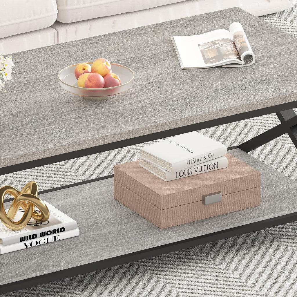 HSH Coffee Table with Storage, Farmhouse Grey Living Room Center Table, Industrial Wood and Metal Rectangle Coffee Tables, Simple Rustic 2 Tie Cocktail Tea Table for Home Office Bedroom, 47 Inch