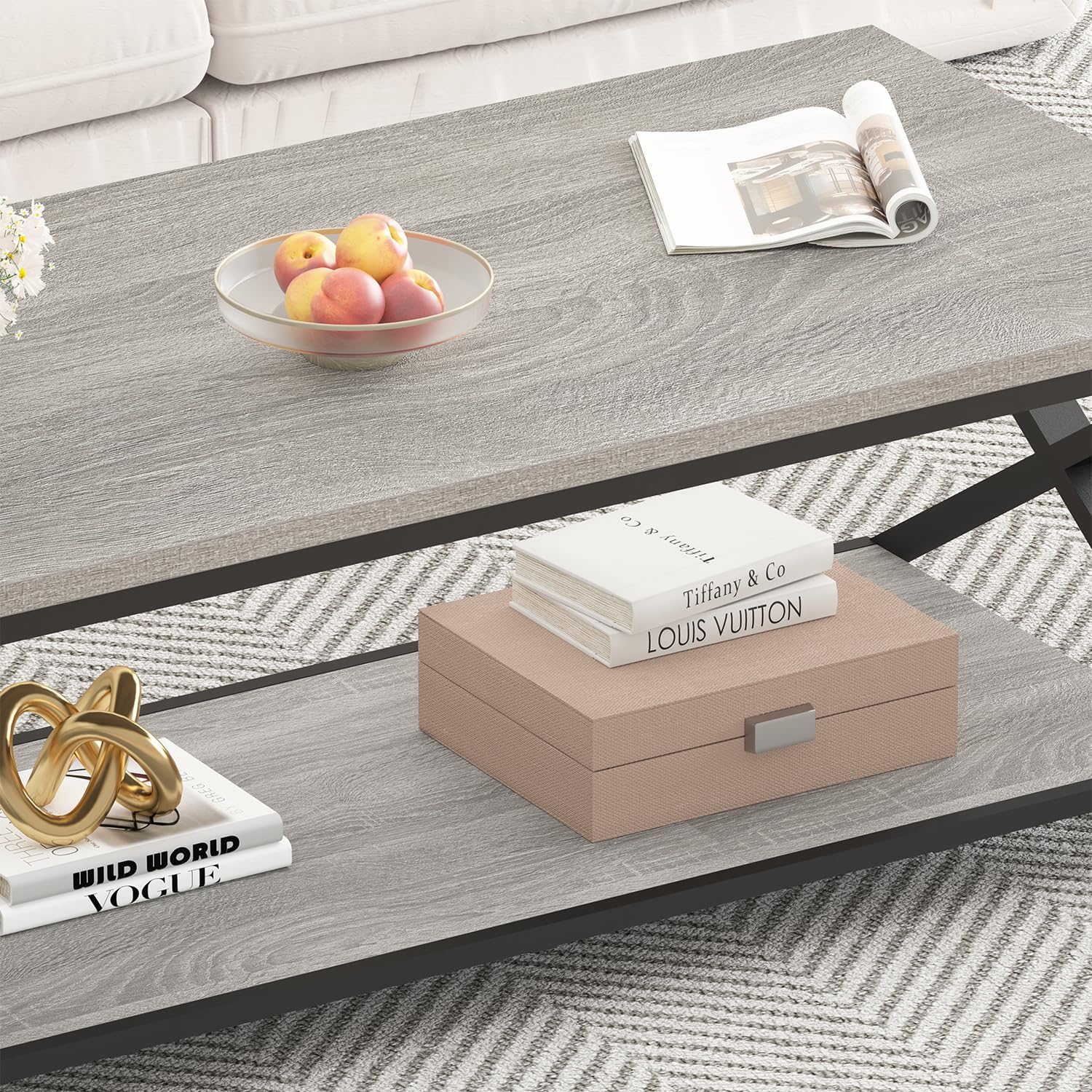HSH Rustic Grey Coffee Table, Modern Minimalist Living Room Table with Storage Shelf, Industrial Simple Metal Wooden Center Table, 2 Tier Rectangle Cocktail Tea Table for Home Office Bedroom, 39 Inch