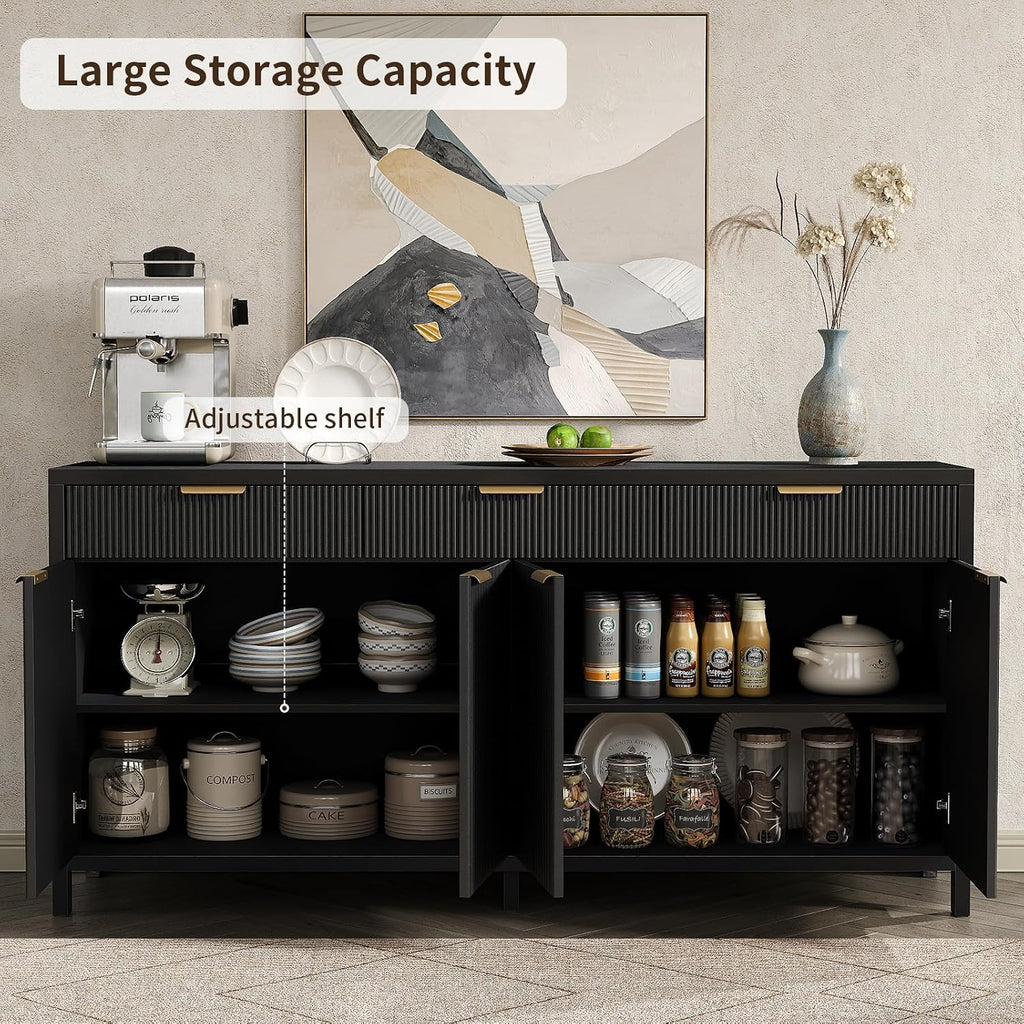 Yanosaku 66' W Fluted Buffet Cabinet, Sideboard Storage Cabinet with 3 Drawers & 2 Cabinets, Mid-Century Coffee Bar Table for Living Room, Black
