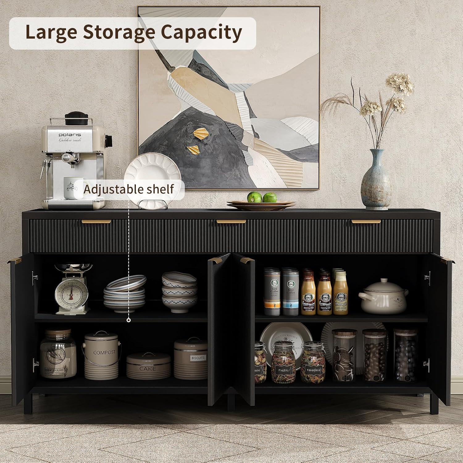 Yanosaku 66' W Fluted Buffet Cabinet, Sideboard Storage Cabinet with 3 Drawers & 2 Cabinets, Mid-Century Coffee Bar Table for Living Room, Black