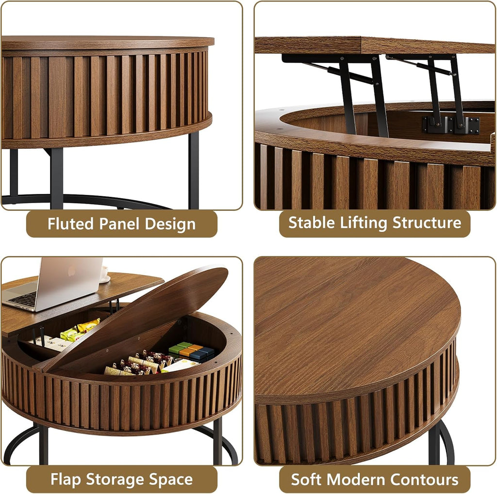 Round Coffee Table with Lift Top - Fluted Wood Center Coffee Tables for Living Room, Lifting Up for Dining, Large Hidden Circle Storage Compartment for Small Spaces, Mid Century Modern