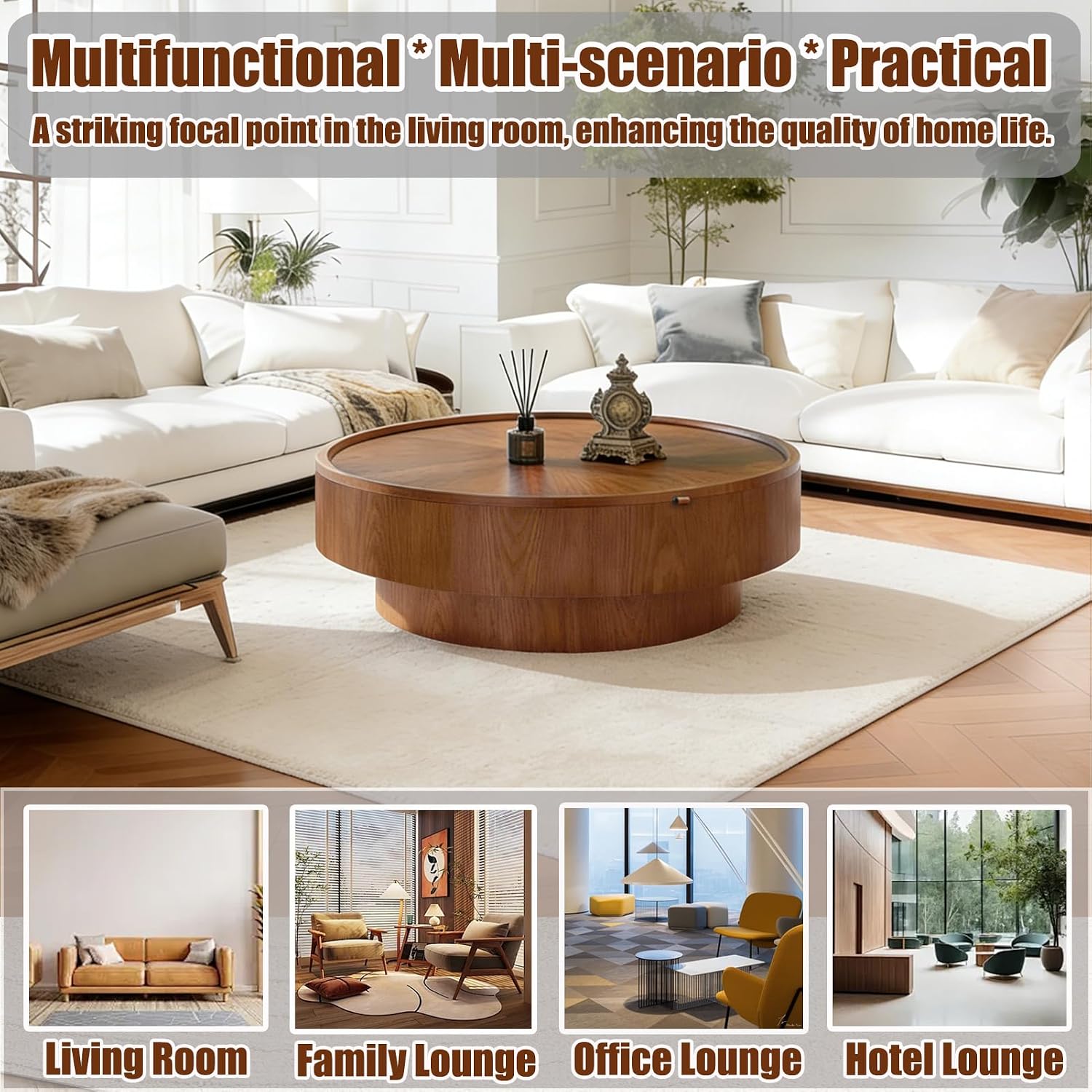 39.4'' Round Storage Coffee Table, Modern Drum Coffee Tables with Solid Wood Veneer, Wooden Circle Center Table for Living Room, Small Spaces, and Apartments, Easy Assembly