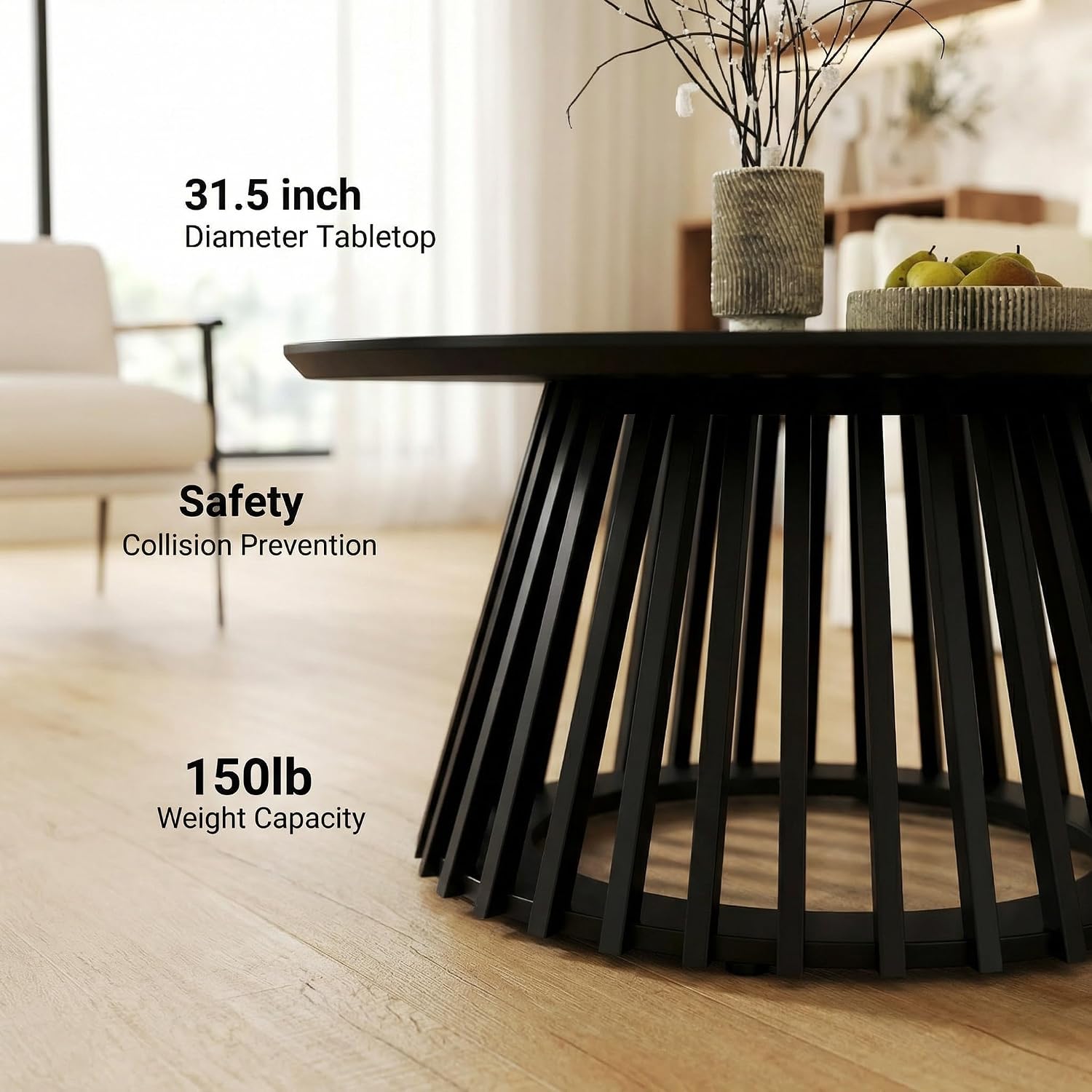 HNY Modern Black Round Coffee Table for Living Room, Mid Century Wood 31.5' Circle Small Center Table with Wooden Fluted Base for Home Small Space, Bedroom, Apartment, Studio