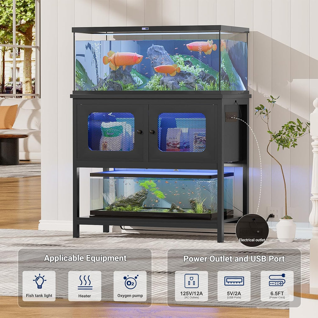 iSunirm 40-50 Gallon Fish Tank Stand, Aquarium Stand with Cabinet Accessories Storage, Heavy Duty Metal Frame, Reptile Terrarium Stand, 37.5' L*18.89' W Tabletop, 880LBS Capacity, Black