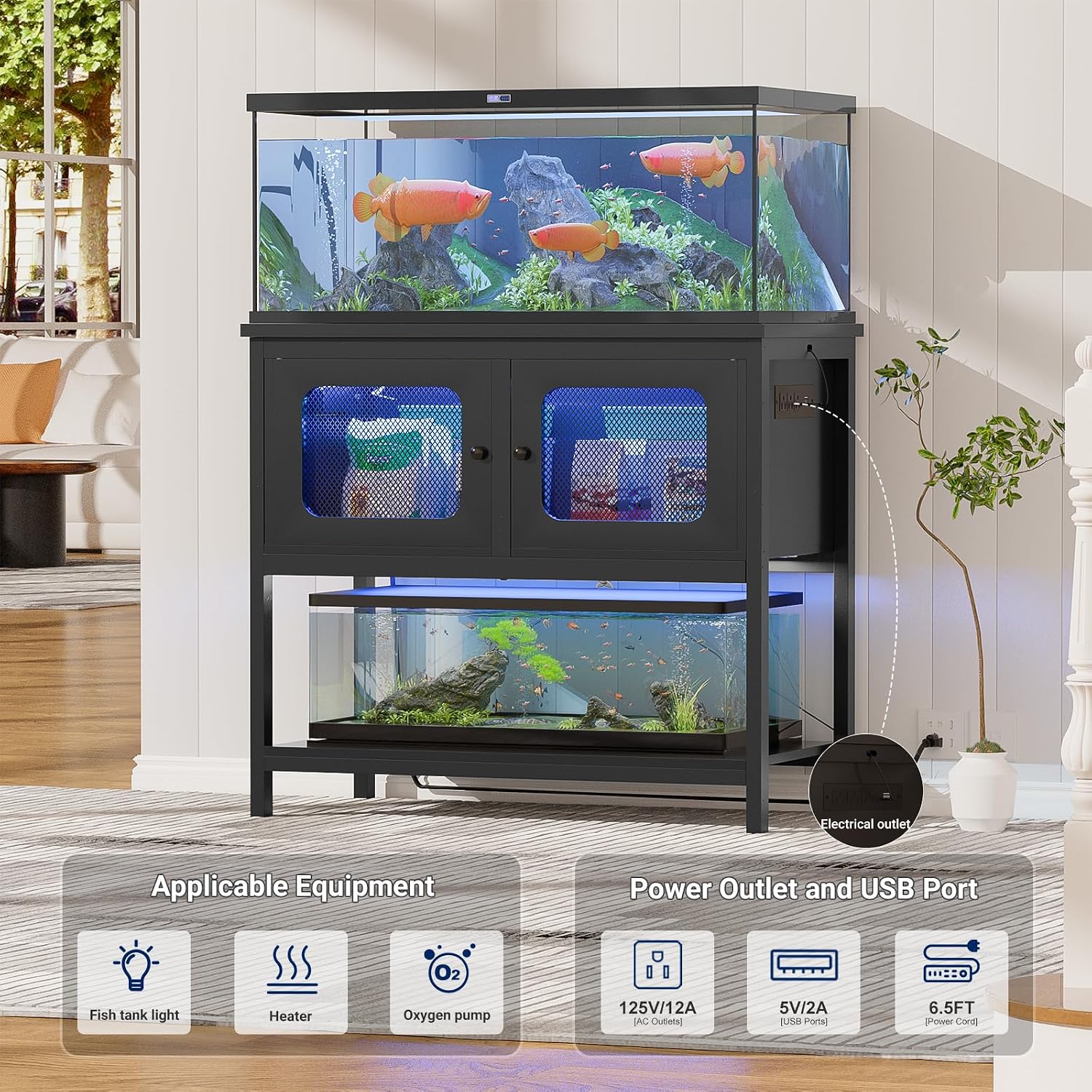 iSunirm 40-50 Gallon Fish Tank Stand, Aquarium Stand with Cabinet Accessories Storage, Heavy Duty Metal Frame, Reptile Terrarium Stand, 37.5' L*18.89' W Tabletop, 880LBS Capacity, Black