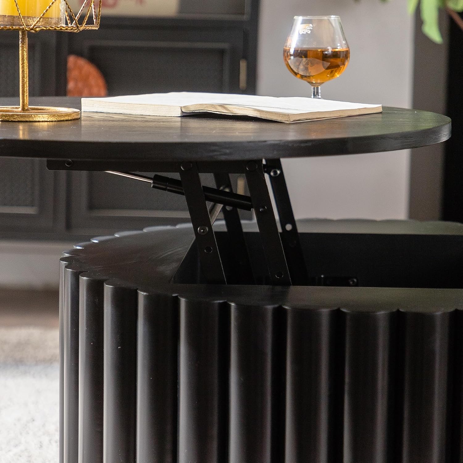 WILLIAMSPACE 27.56' Round Lift-Top Coffee Table with Hidden Storage & Sturdy Pedestal, Modern Wooden Center Accent End Tea Table, No Need Assemble, Black