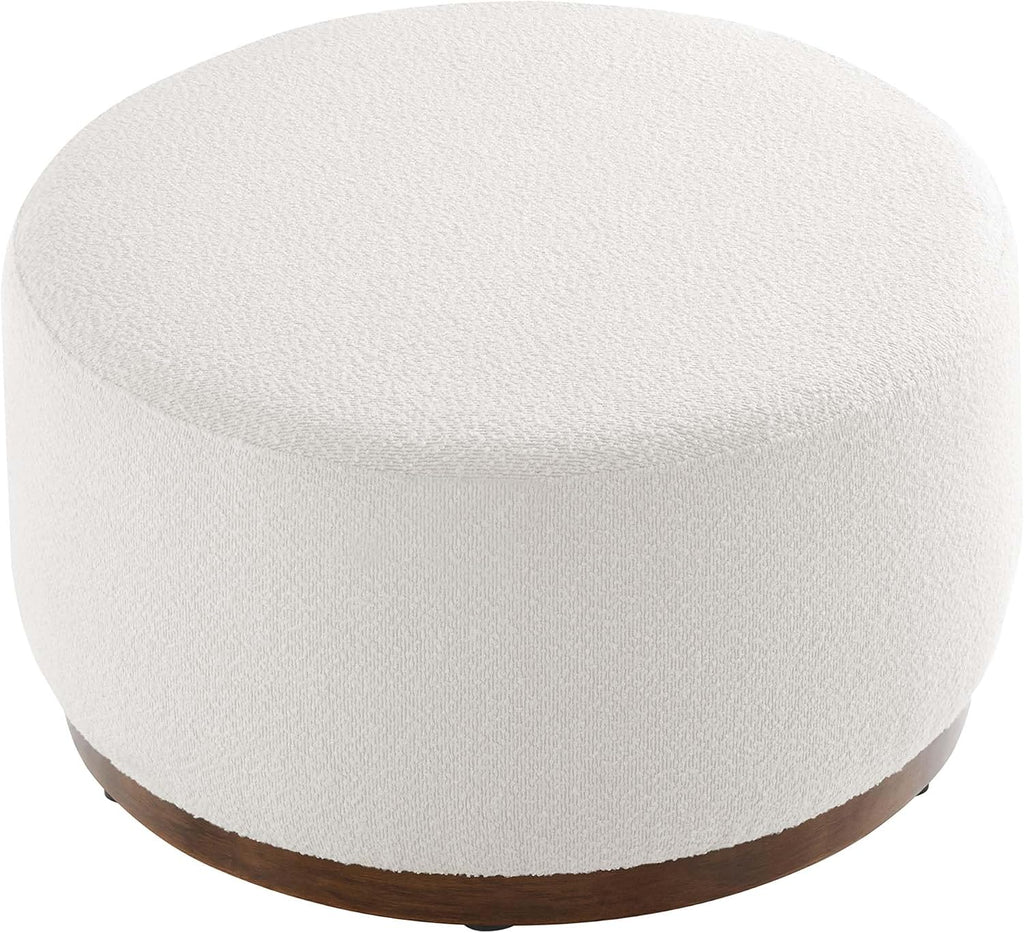 Modway Tilden 29 Inch Round Boucle Upholstered Ottoman in Cloud Walnut - Round Ottoman Coffee Table for Living Room - Large Ottoman Foot Rest with Rubberwood Plinth Base
