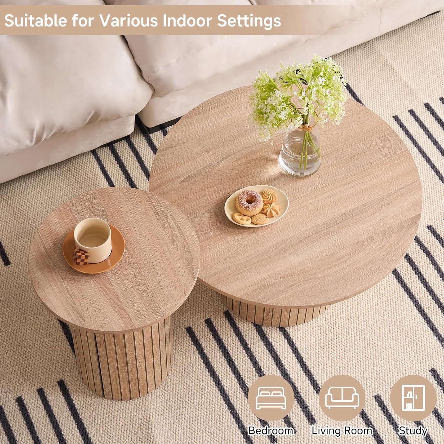 Round Coffee Tables Set of 2, Circle Modern Small Wood Side Table with Fluted Style Drum Base for Living Room Bedroom Balcony Office, Natural