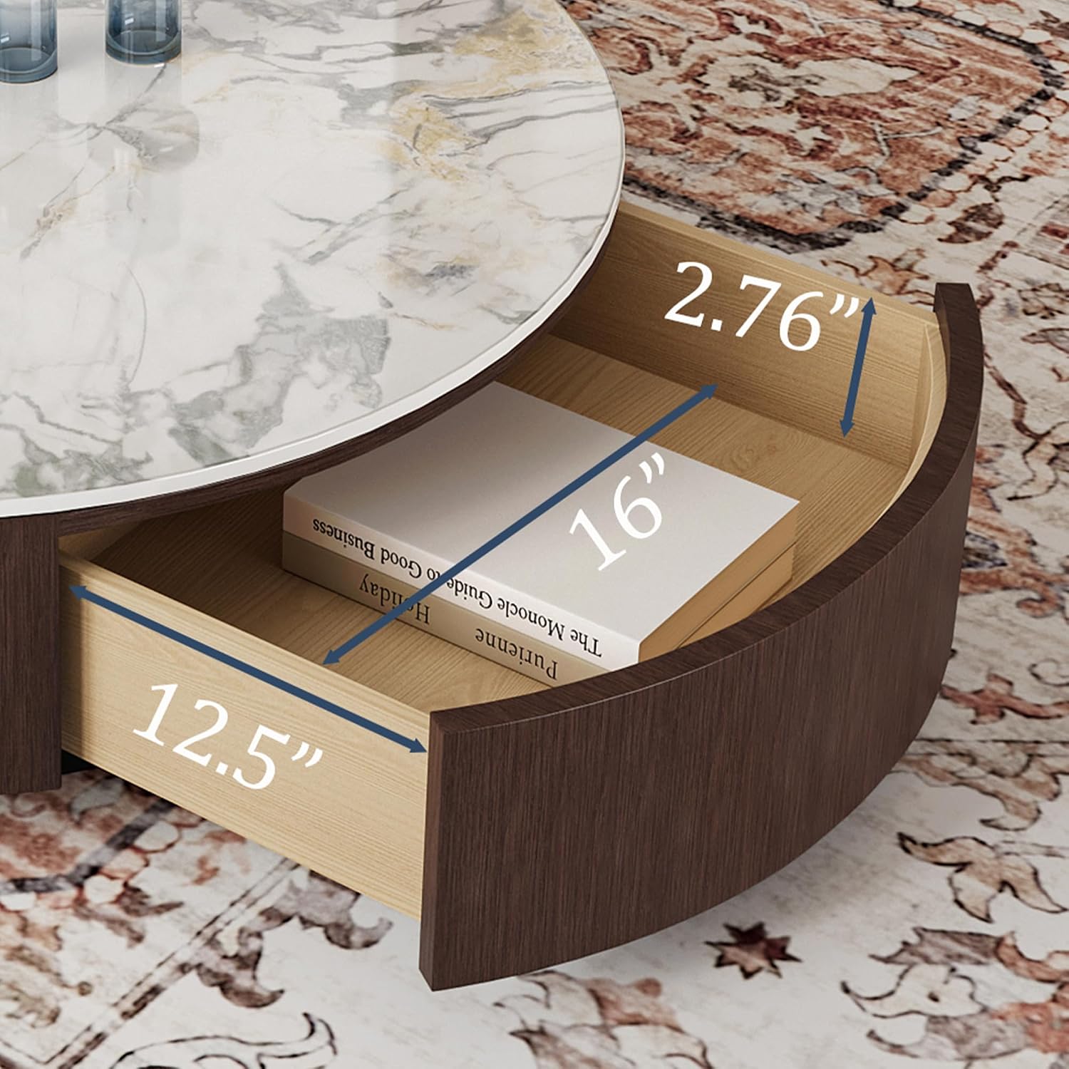 35.43' Modern Coffee Table for Living Room, Round Coffee Table with Storage Drawer, Sintered Stone Top with Metal Base, NO Assembly Living Room Table Tea Table for Home Office