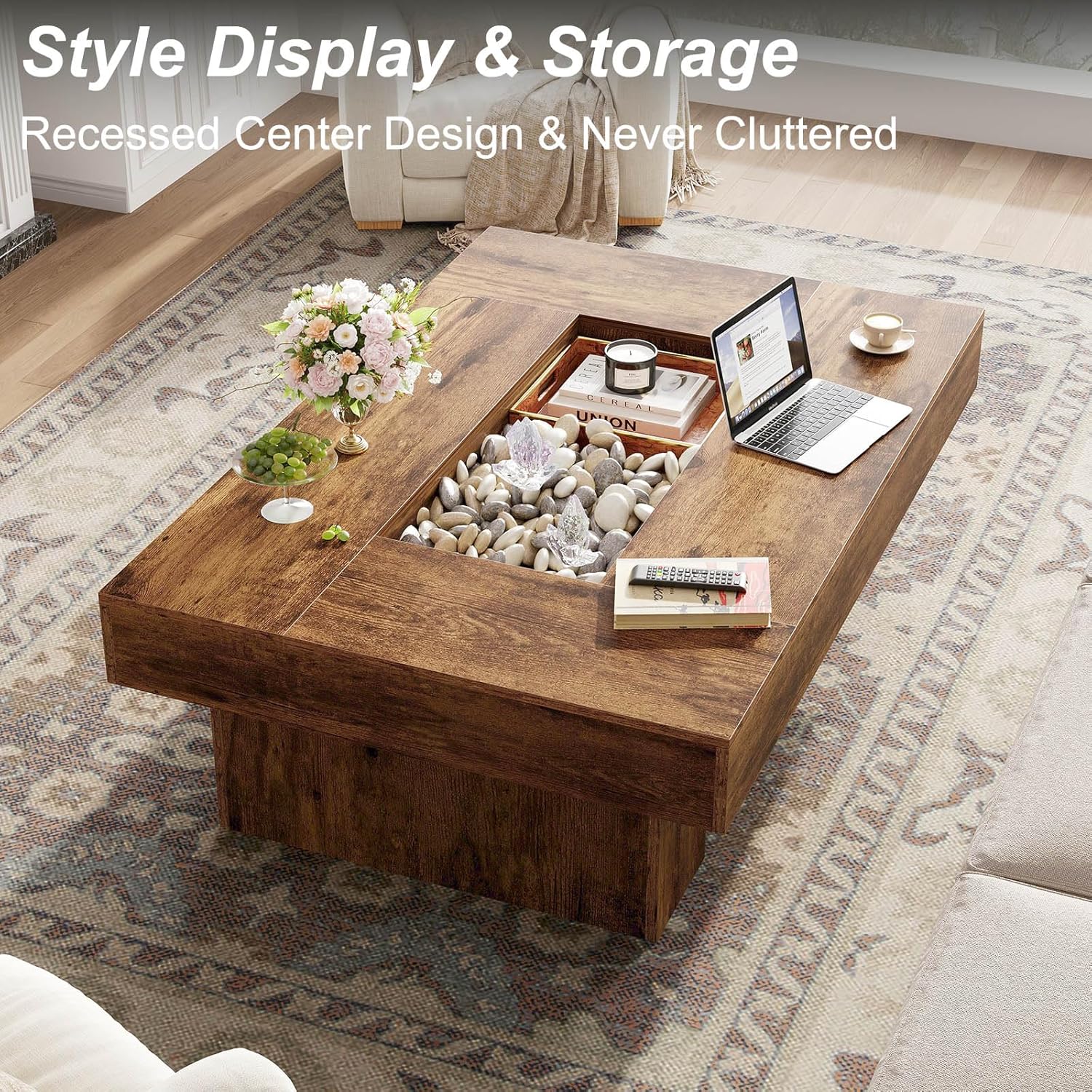 LVB Rustic Coffee Table, Large Wood Living Room Table with Storage, Modern Long Rectangle Led Center Table, Farmhouse Unique Low Wide Tea Table with LED Light for Home Office, 47.24 in, Rustic Brown