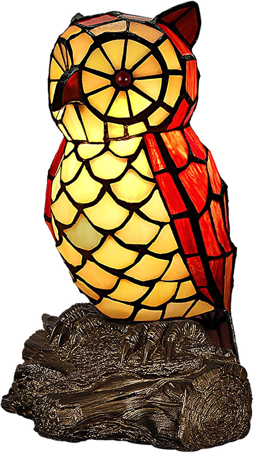 Tiffany Style Nightstand Lamp Mini Decoration Table Lamp Owl Red Stained Glass Shade Reading Lamp Bedroom Bedside Kids Room Decoration Lamp