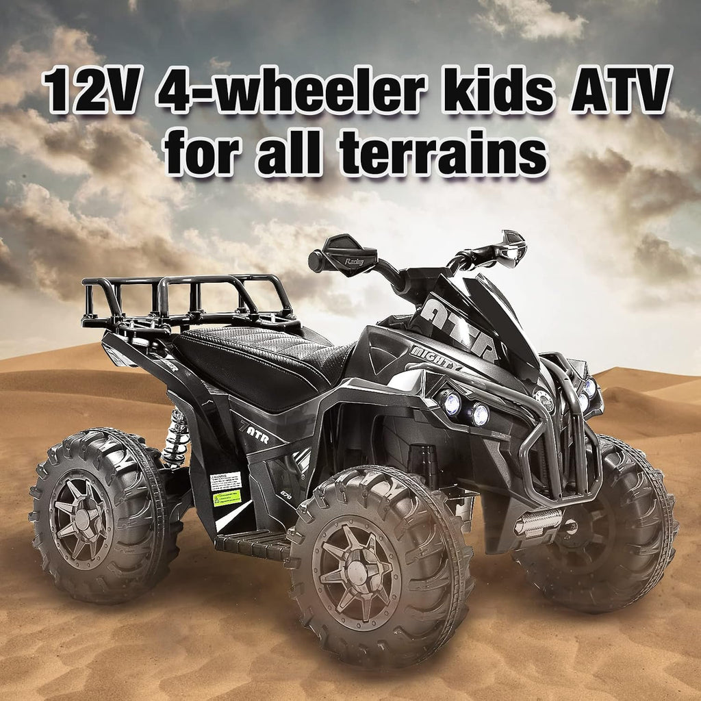 Soar 12V Ride On ATV for Kids Ages 3–6, Electric 4 Wheeler with LED Lights, Music Player, High/Low Speed, USB/TF, Treaded Tires, Black