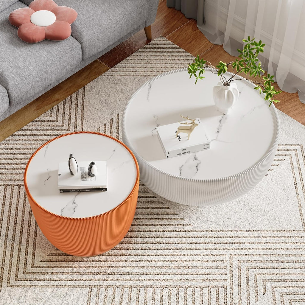 Round Coffee Table Set of 2, Sintered Stone White Coffee Table with Orange End Table, Nesting Tables for Living Room, Accent Side Table for Apartment Home Office, No Need Assembly