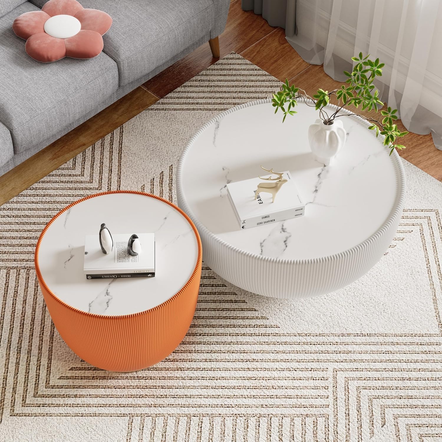 Round Coffee Table Set of 2, Sintered Stone White Coffee Table with Orange End Table, Nesting Tables for Living Room, Accent Side Table for Apartment Home Office, No Need Assembly