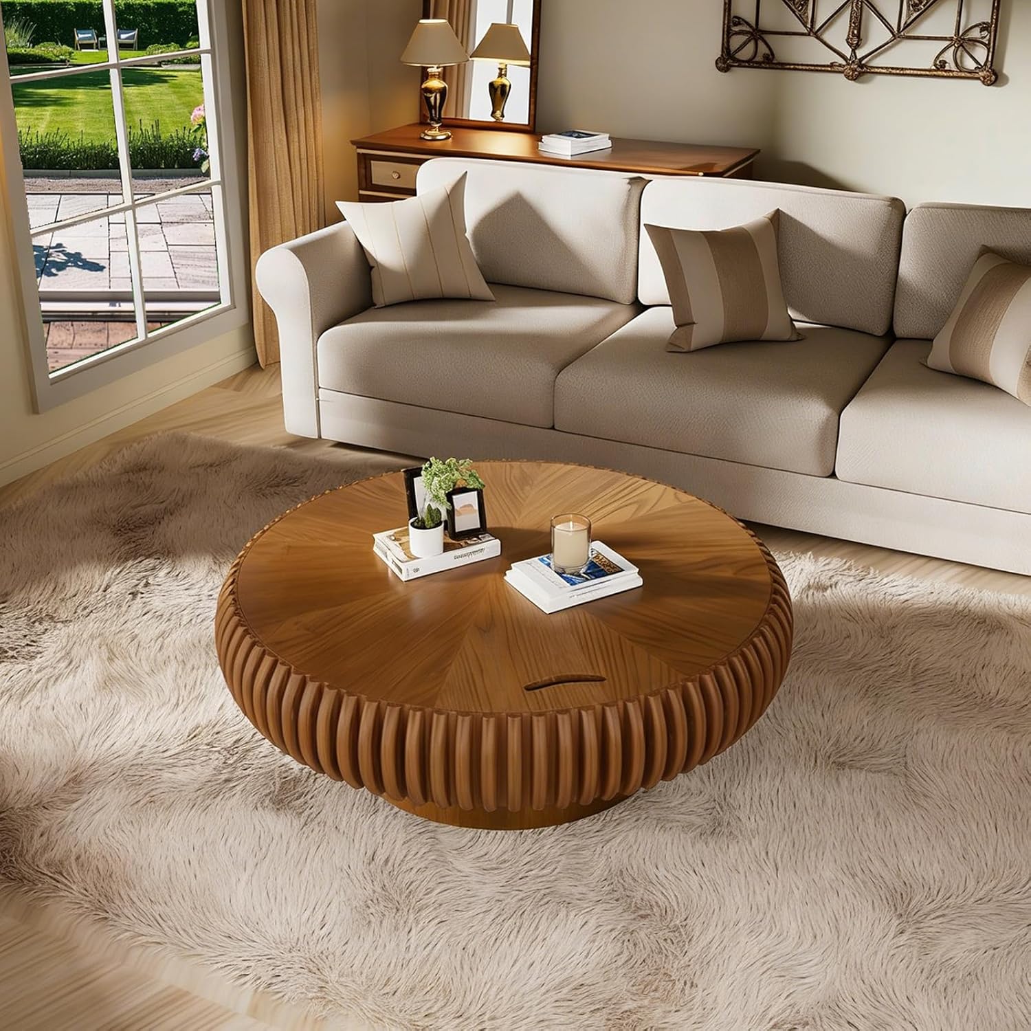 Round Fluted Coffee Table with Storage for Living Room, Modern Wooden Drum Coffee Table with Solid Wood Veneered, Circle Accent Tea Center Table for Small Space Apartmen (Brown, 39.37' with Storage)