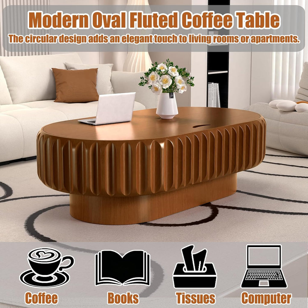 43.3' Oval Drum Coffee Table with Hidden Storage, Modern Fluted Coffee Tables with Solid Wood Veneer, Wooden Center Table for Living Room, Bedroom, Apartment, Easy Assembly