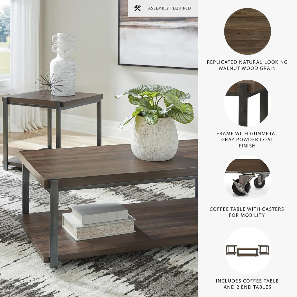 Signature Design by Ashley Trindwick Contemporary Table with Shelf and Casters, Set of 2, Gray & Dark Brown