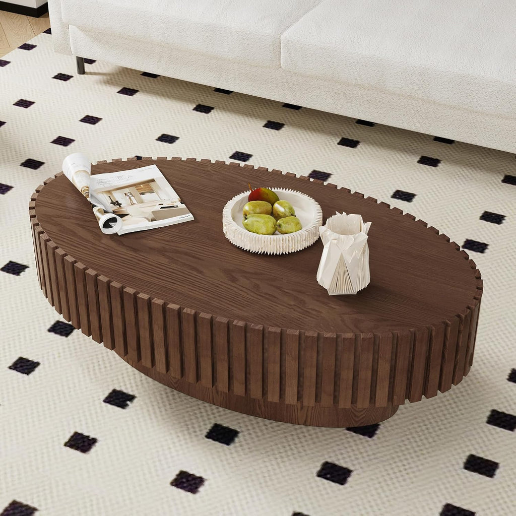 Oval Fluted Coffee Table Drum Coffee Tables for Living Room Modern Pedestal Center Table (Oval Brown 43.3in)