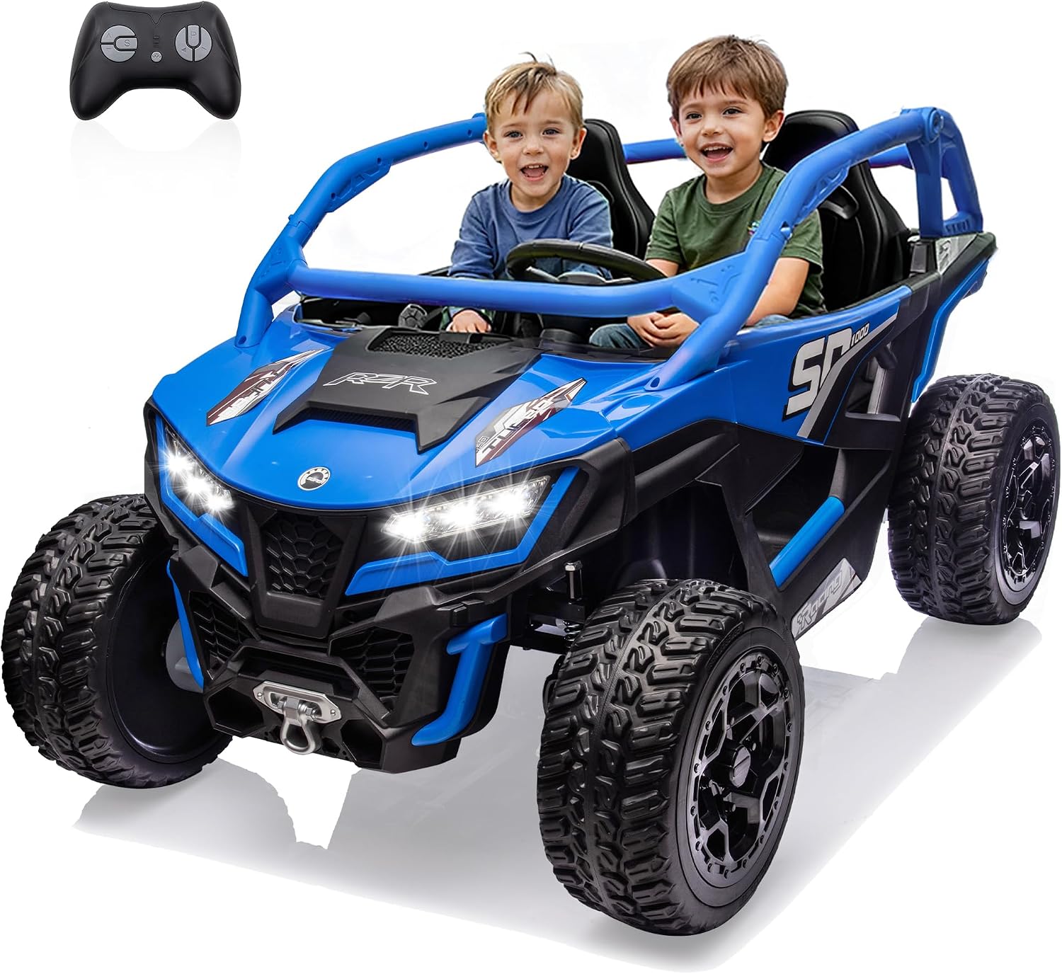wanan XL 24V 10AH Ride on Toys for Big Kids Real 2-Seater, 4x4 4WD Motor Ride on Car Kid UTV for Kids 3-8, Remote Control, Bluetooth Music, 4 Spring Suspension, 22' Spacious Seats (Blue)