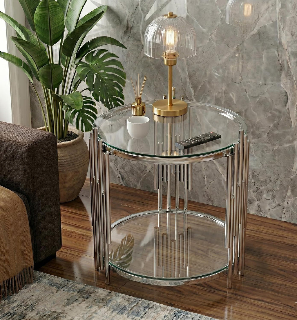 Round Glass End Table, 19.7' Circle Sofa Side Table with Silver Stainless Steel Base, Clear Glass Accent End Table Bedside Table Nightstand for Living Room Bedroom Office