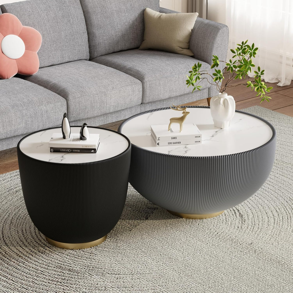 Round Coffee Table Set of 2, Sintered Stone Grey Coffee Table with Black End Table, Nesting Tables for Living Room, Accent Side Table for Apartment Home Office, No Need Assembly